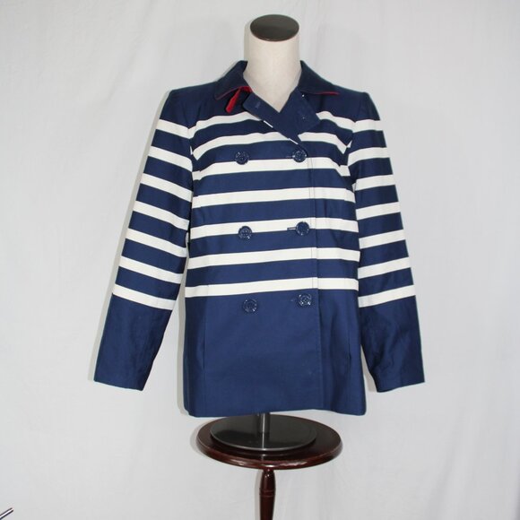 Talbots Petite Breton Nautical Navy White Stripe Peacoat Blazer Jacket Sz Large - Picture 1 of 12